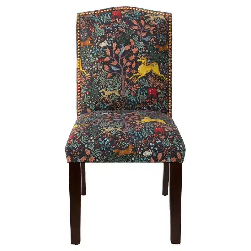 Skyline Furniture Ayala Nail Button Patterned Dining Chair Frolic Navy: Upholstered Linen-Cotton Blend, Camel Back Design, Tapered Wooden Legs