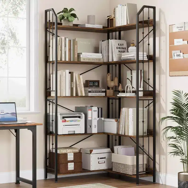 Industrial L-Shaped Corner Bookshelf, 72 5-Tier Metal and Wood Bookcase for Living Room, Black/Rustic