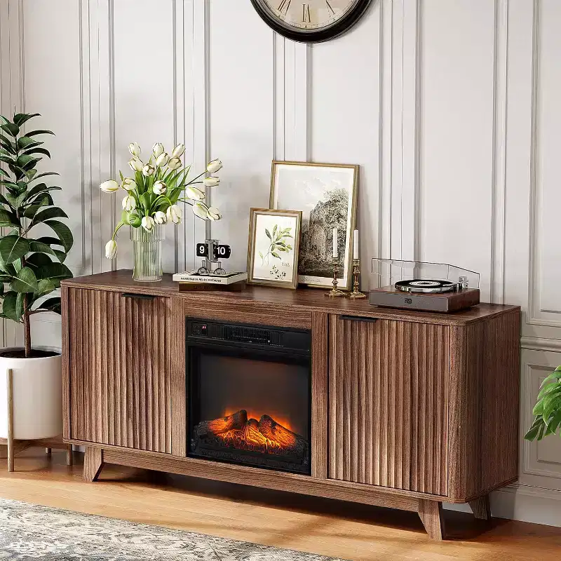 VINGLI Fluted Fireplace TV Stand for up to 70 inch TVs, Entertainment Center with Electric Fireplace Heater & Adjustable Shelves