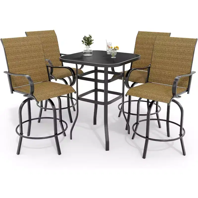COZONY Patio Swivel Bar Set, Outdoor High Top Bar Table Swivel Chairs Glass Table All Weather Fabric for Patio