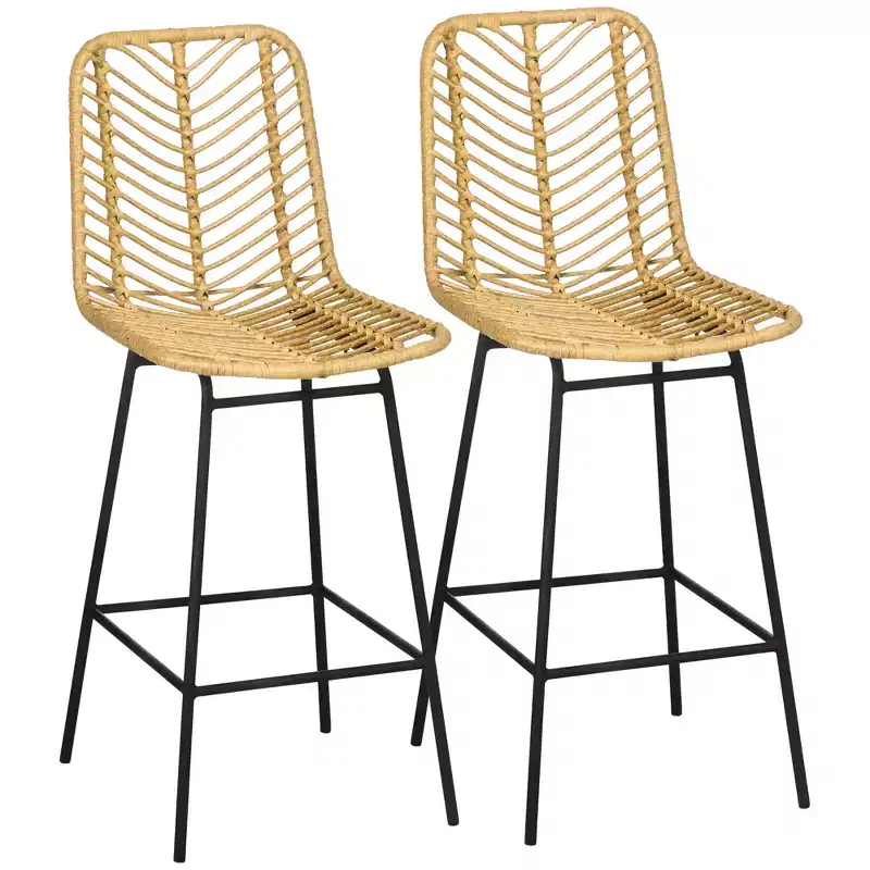 Rattan Counter Height Barstools Set of 2 Steel Frame Footrest 26