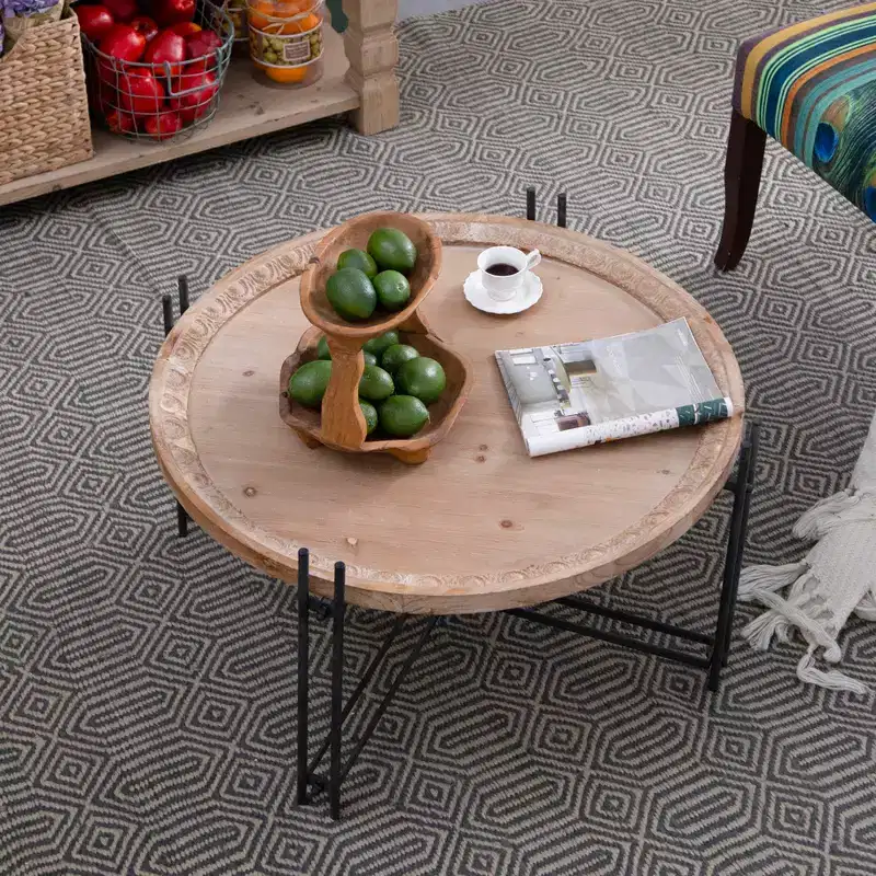 Farmhouse Fir Wood and Iron Round Coffee Table
