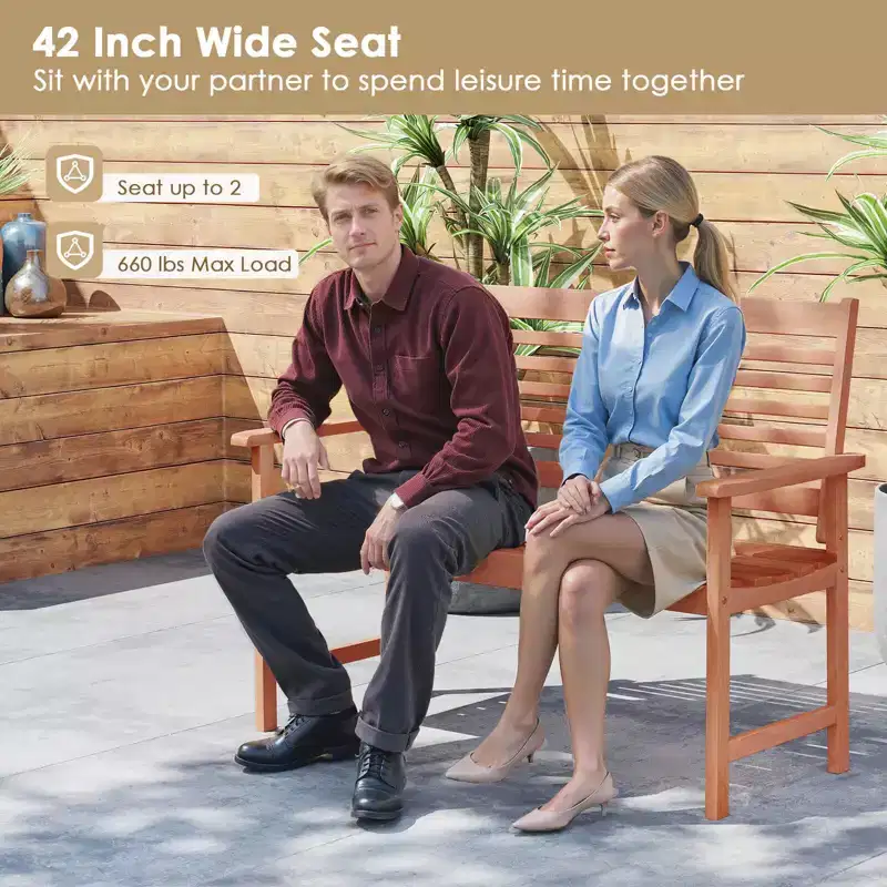 Costway Patio Solid Wood Loveseat with Inclined Backrest & Slatted Seat Teak Painting