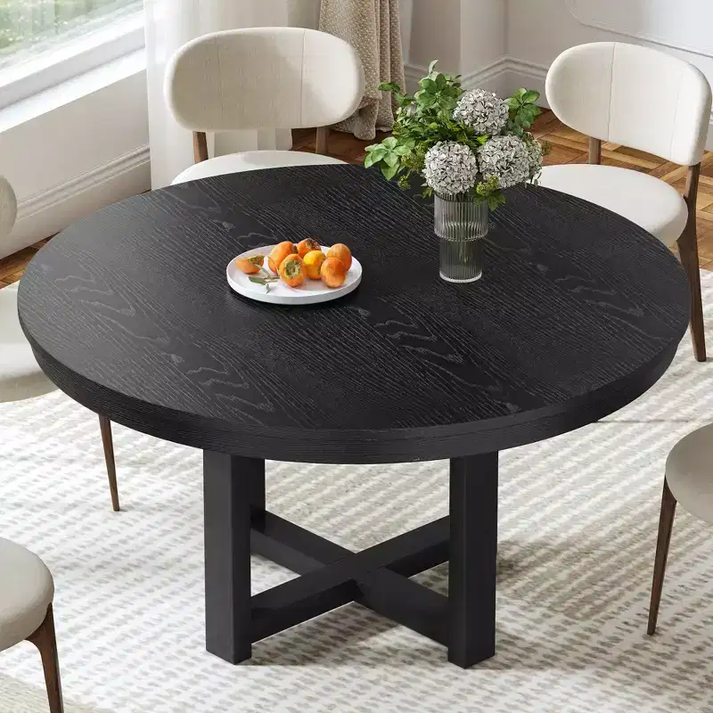 45 x 45 Solid Wood Farmhouse Dining Table, Round Wood Texture Top with Cross X Base for Modern Dining Rooms & Family Gatherings, Black