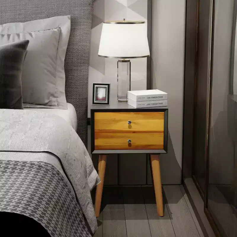 Costway 2PCS Wooden Nightstand Mid-Century End Side Table W/2 Storage Drawers