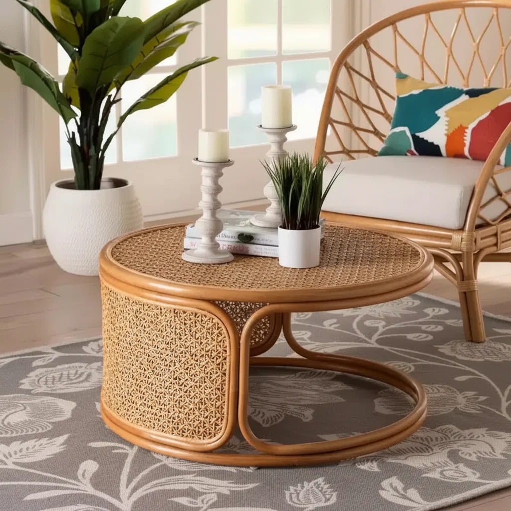 Rattan Coffee Table, Honey Finish, Natural Woven Design for Living Room