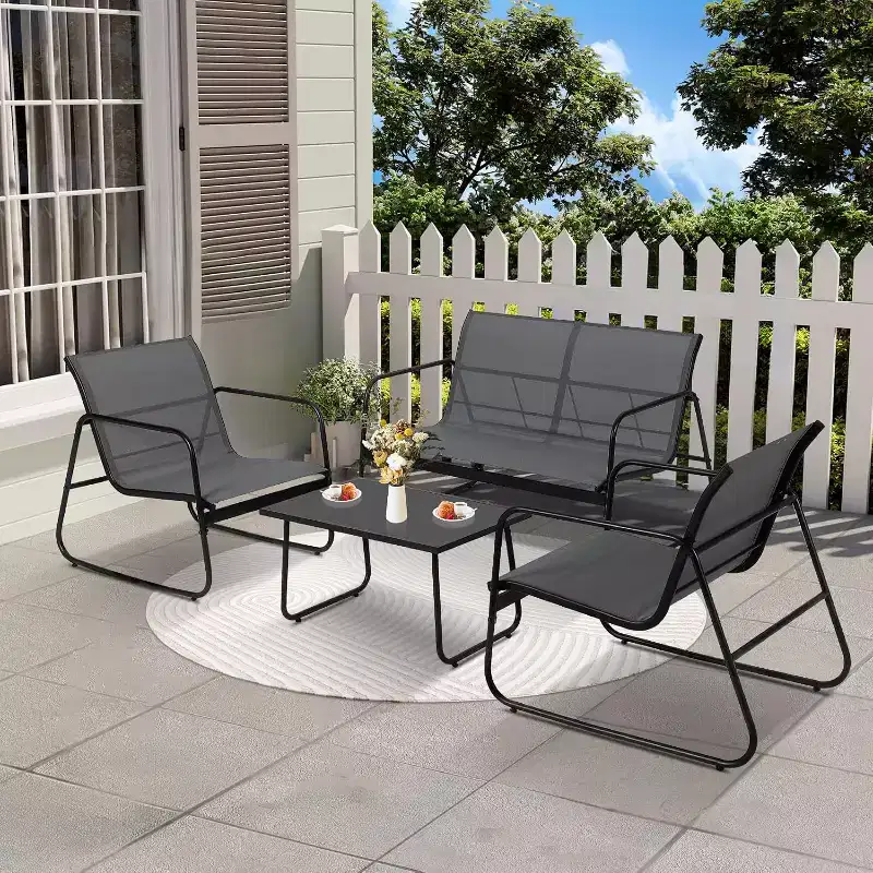 4-Piece Outdoor Patio Set  Steel Frame, Textilene Fabric & Tempered Glass Table for Balcony/Backyard