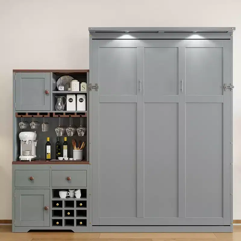 Murphy Bed with Storage Cabinet, Wine Rack, Drawers & Multi-Color LED Strip