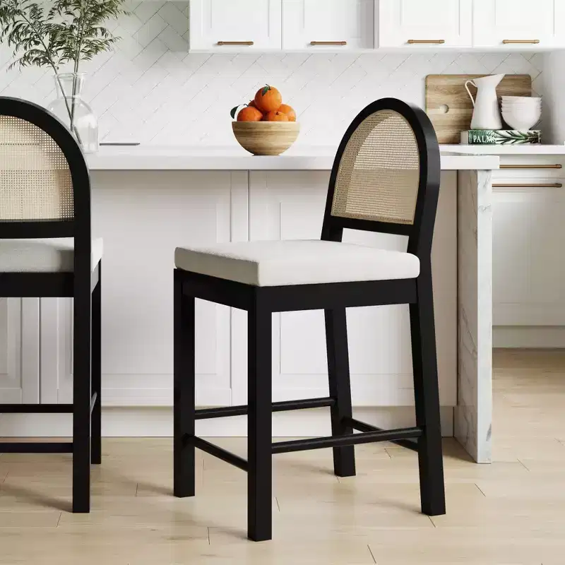 Curved Rattan Back Counter Height Barstool, Cream Boucle Seat, Black Rubberwood Legs, 24