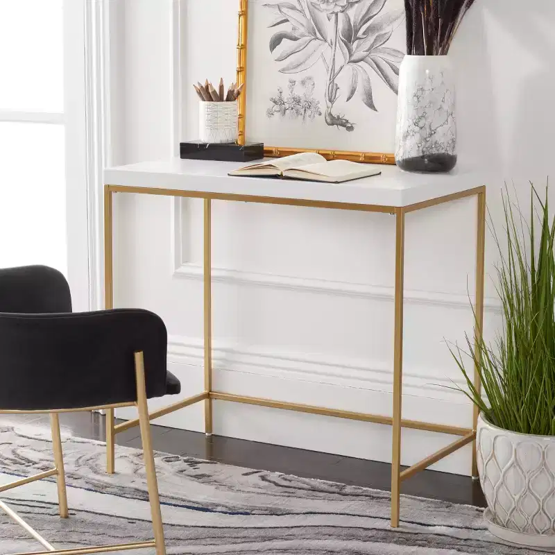 White and Gold Writing Desk, Elegant Home Office Desk with Gold Metal Legs