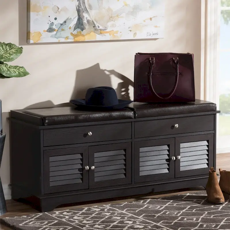 Dark Brown 2-Drawer Shoe Storage Bench with Cushioned Seat