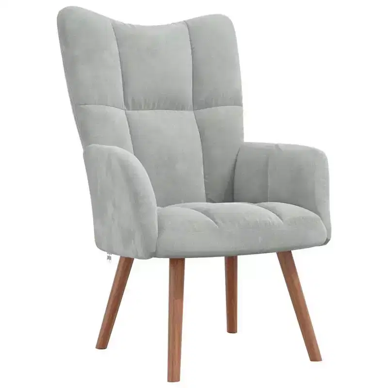 Modern Light Grey Velvet Armchair with Wooden Legs, Thick Padded Foam Seat, Aesthetic Blocks on Backrest - Light Gray