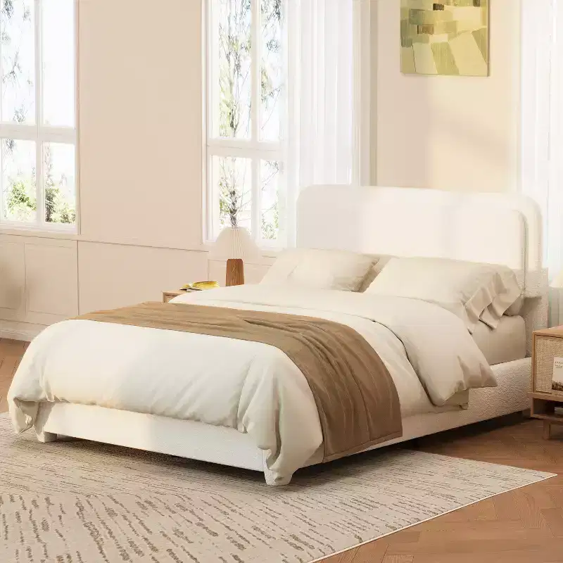 Full/Queen Upholstered Platform Bed Frame with Adjustable Height Headboard, Boucle Low Profile Bed, White