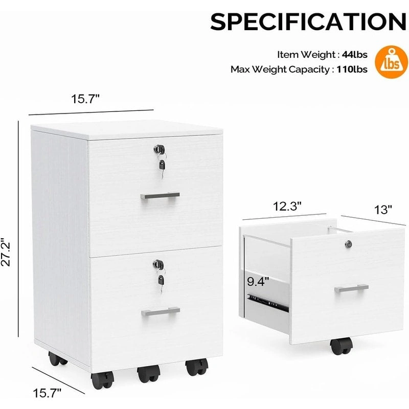 2-Drawer Rolling Wood File Cabinet with Lock