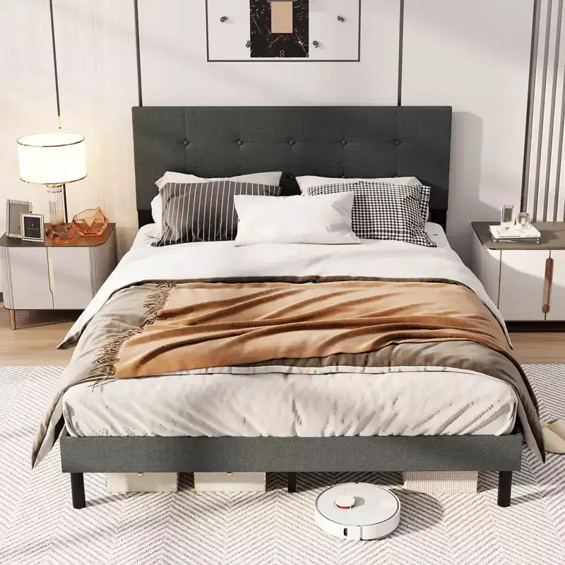 Queen Size Linen Upholstered Platform Bed Frame with Tufted Headboard, Dark Gray