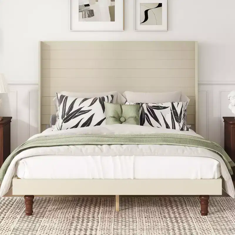 Beige/White Platform Bed Frame with 54