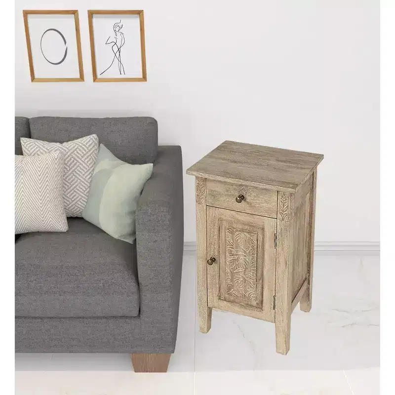 HomeRoots 24 Natural Brown Solid Wood End Table With Cabinet and Drawer