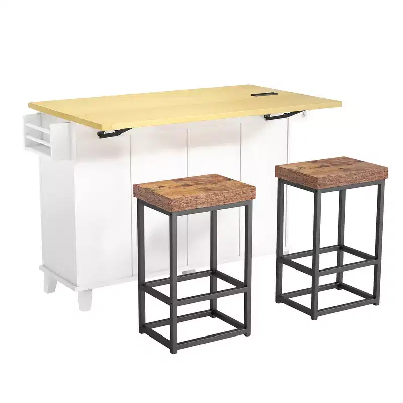 Farmhouse Kitchen Island with Drop Leaf, Drawers, Power Outlet and 2 Seats