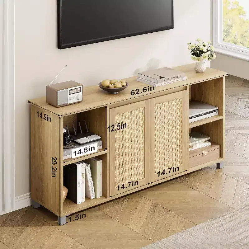 70 Mid-Century TV Stand with Rattan Door Cabinet and Open Shelf, Natural Wooden and MDF Board Media Console, Boho TV Consoles for Living Room
