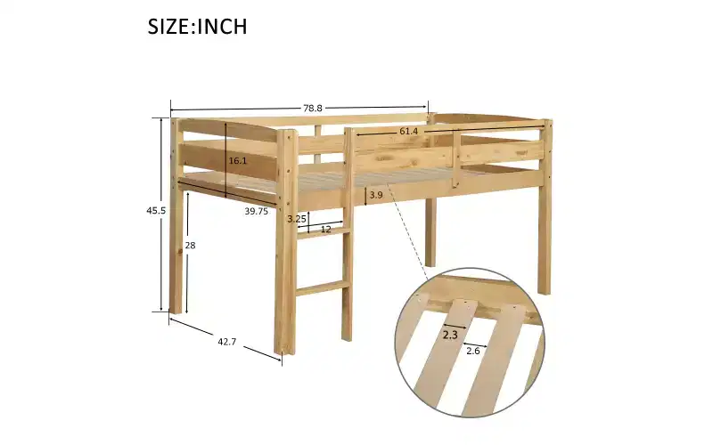 Bellemave Low Loft Bed with Ladder, Wood Loft Bed Twin Size for Adults, Kids and Young Teens, Wood Slat Support Walnut