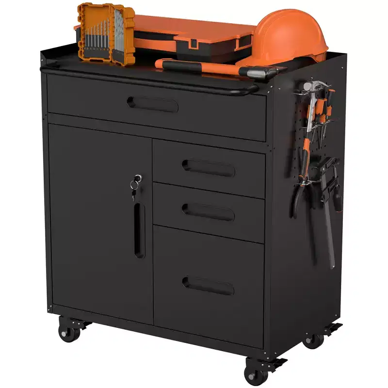 VIYET 34 4-Drawer Mobile Tool Cabinet - Heavy-Duty Steel Garage Organizer with Lockable Storage Compartment & Rolling Workshop Chest, Black