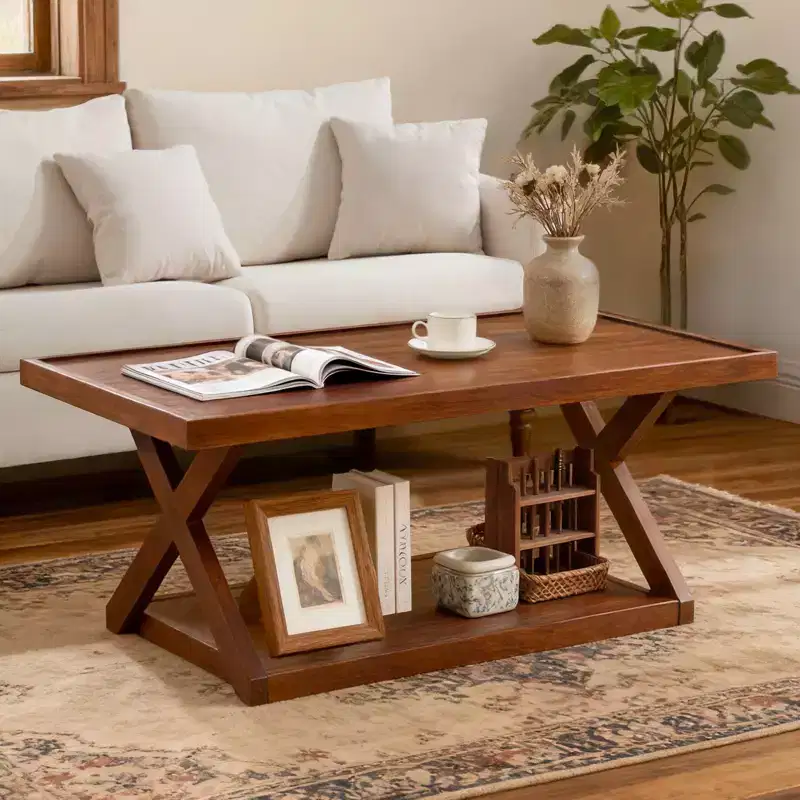 Bekrvio 40 Solid Oak Coffee Table,2-Tier Modern Farmhouse Rectangle Center Table with Storage Shelf & X-Shaped Legs, Walnut Finish