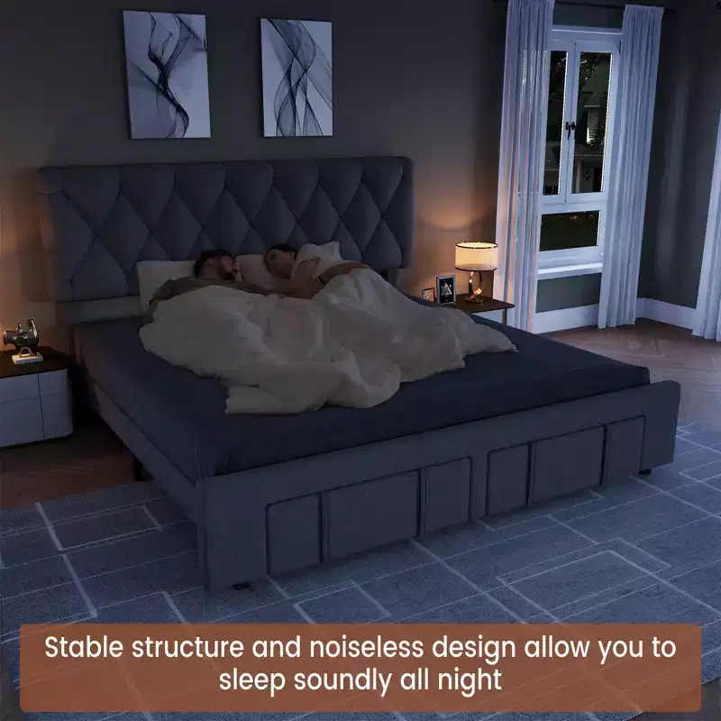 Queen Size Bed Frame Upholstered Platform with Storage Drawers Mattress Foundation Solid Wooden Slats Support No Box Spring Needed