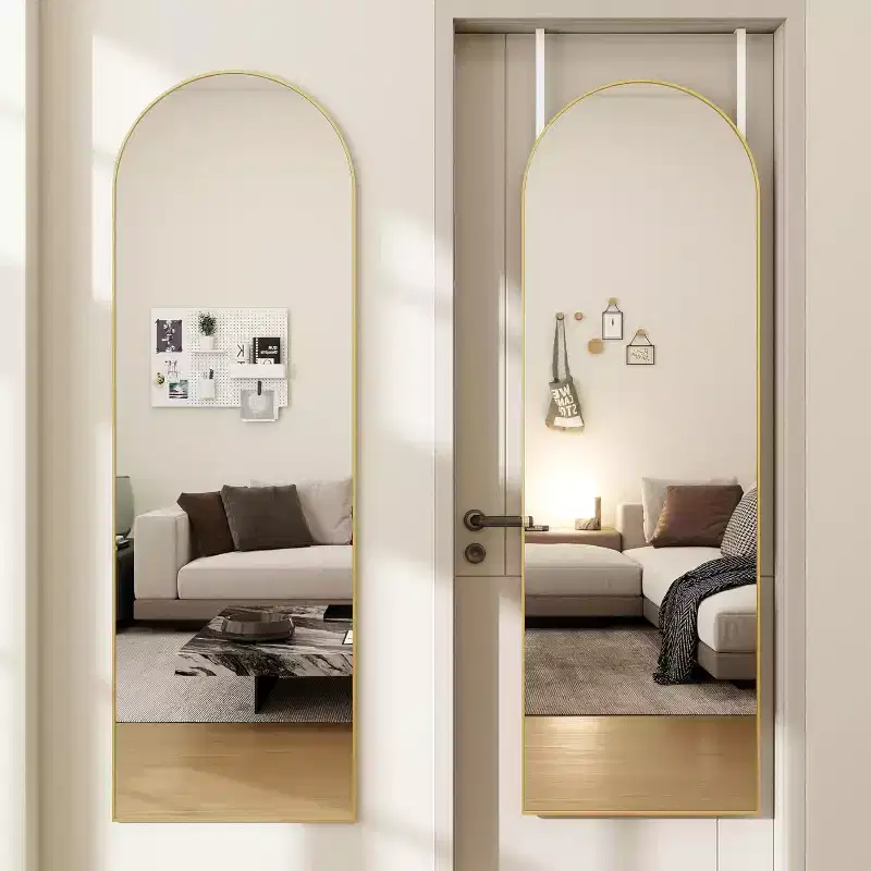 14x48 Hanging or Wall-Mounted Gold Door Mirror, Arched Full-Length, Easy Install