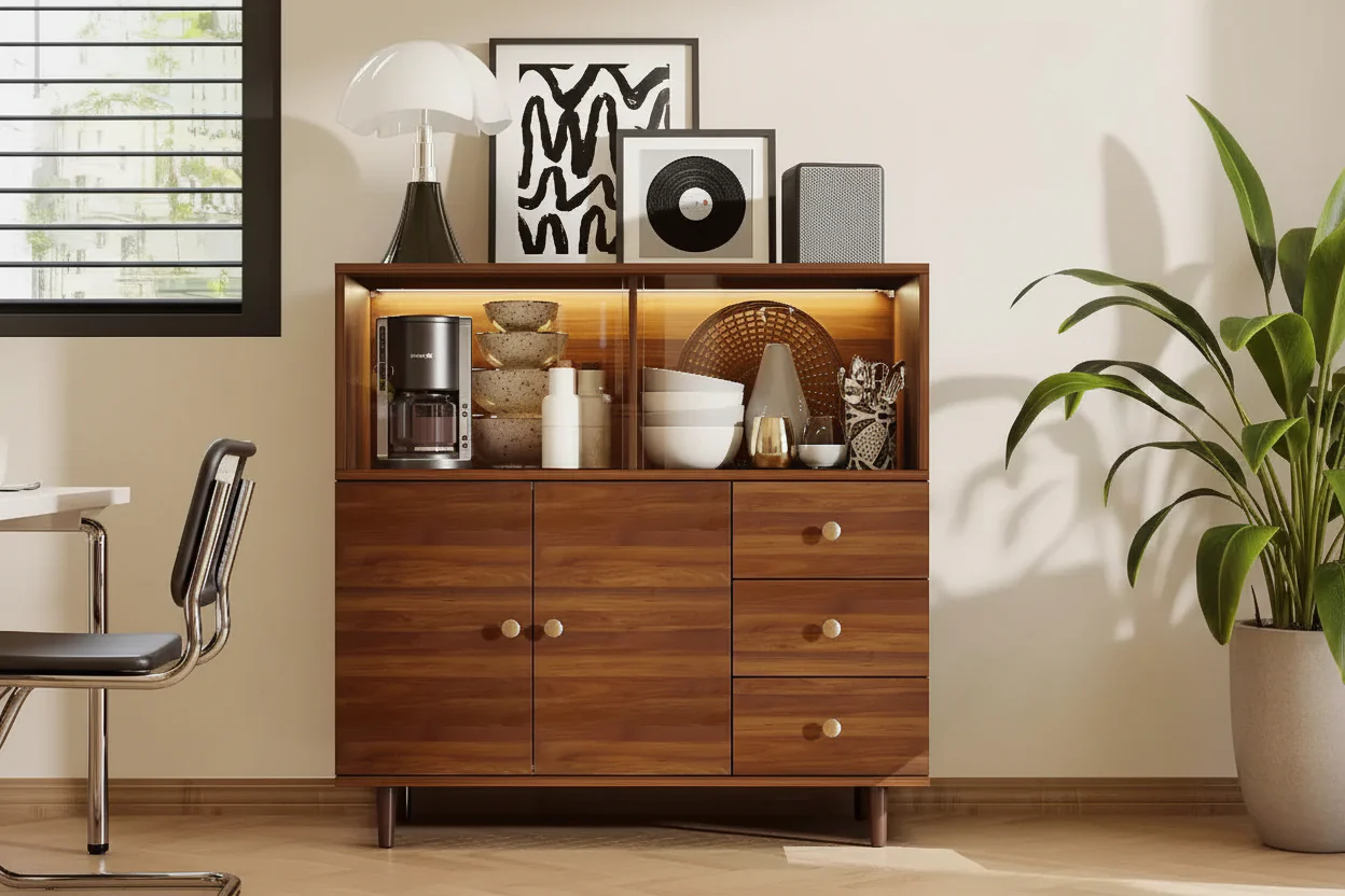 Vintage Style Storage Cabinet with LED Lighting & Acrylic Sliding Doors – Dark Wood