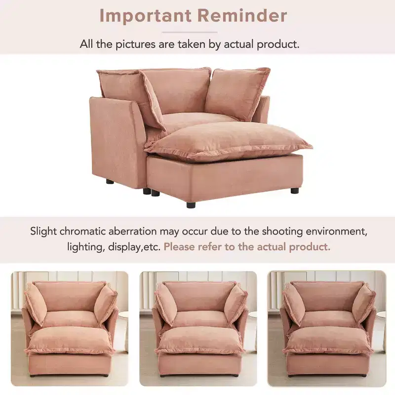 Chenille Armchair with Movable Ottoman, Wide Seat & Curved Armrests