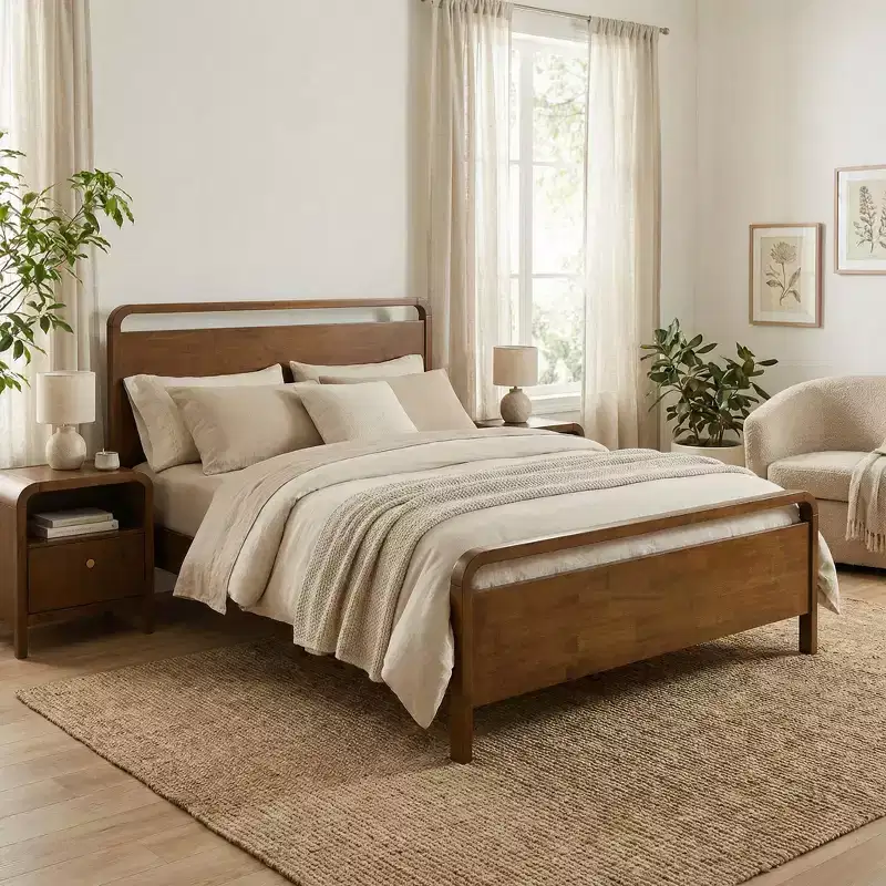 Roundhill Furniture Eldren Wood Bedroom Set, Platform Bed with Two Nightstands in Walnut Finish
