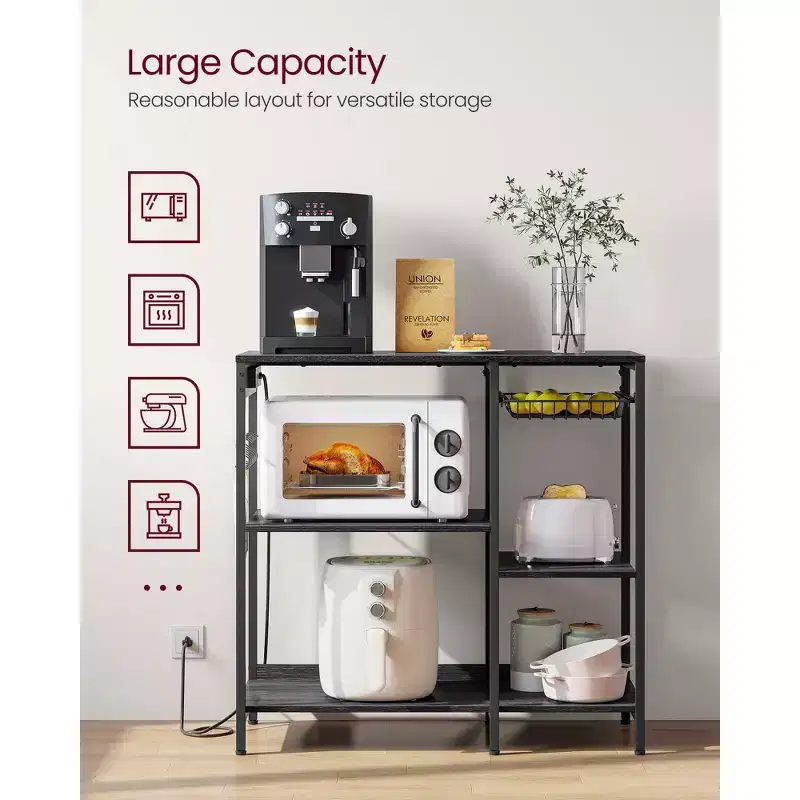 Baker's Rack Coffee Bar Stand with Charging Station, Pull-Out Wire Basket & Adjustable Shelves, 400 lbs
