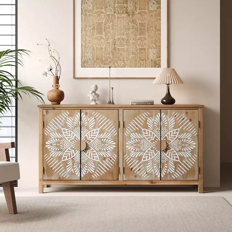 Farmhouse Fir Wood 60.00'' Storage Console Cabinet with 4 Doors