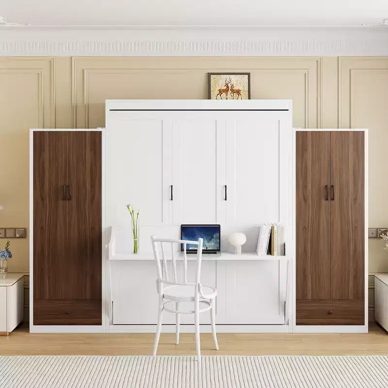 ModernLuxe Full/Queen Size Murphy Bed with Closet, Drawers & Table - Wall Bed for Small Spaces, White