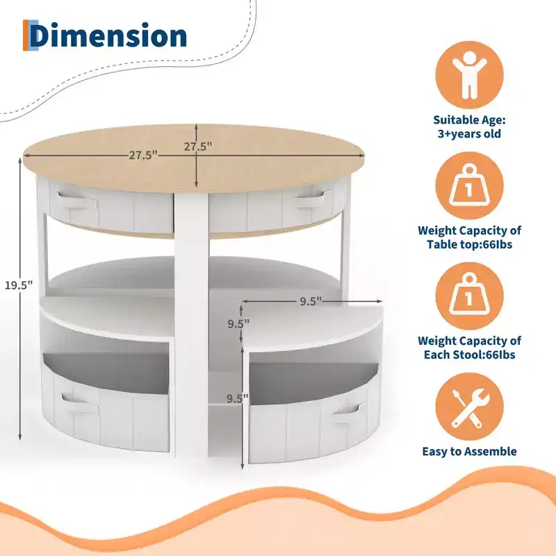 Toddler Table and Chair Set, Round Kids Activity Table With 4 Storage Stools, Space-Saving Nesting Desk for Crafts, Draw, Read, Boys Girls Aged 3+