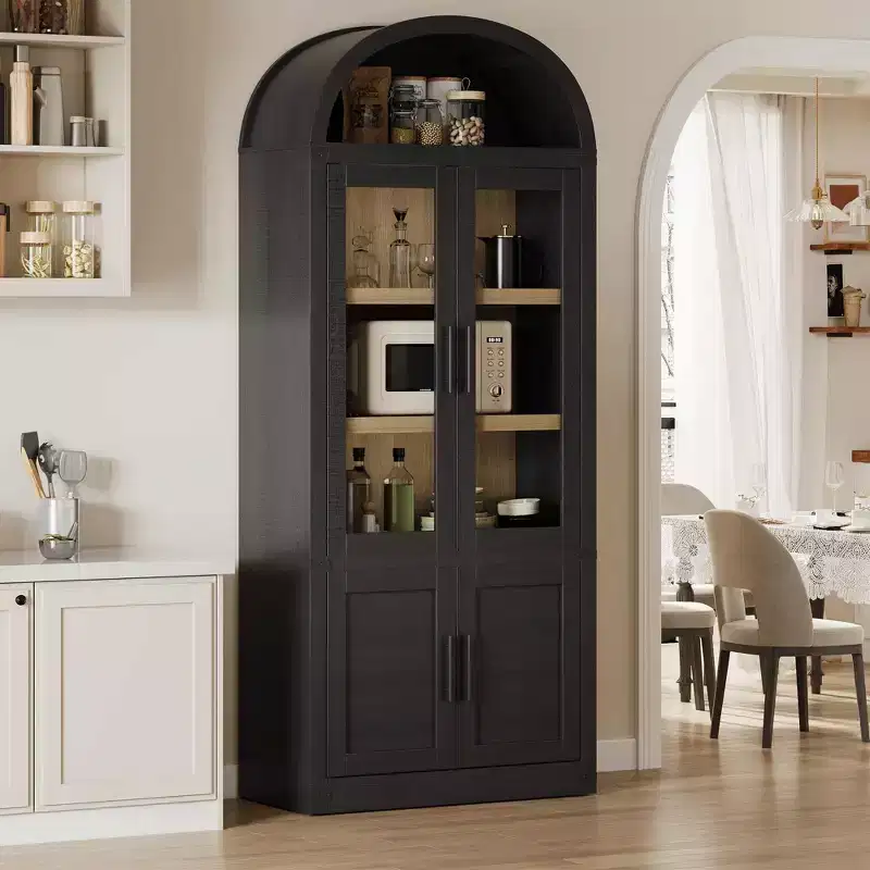 Arched 6-Tier Bookcase with Glass Doors - Modern Farmhouse Bookshelf,Wooden Display Cabinet for Living Room, Kitchen & Office