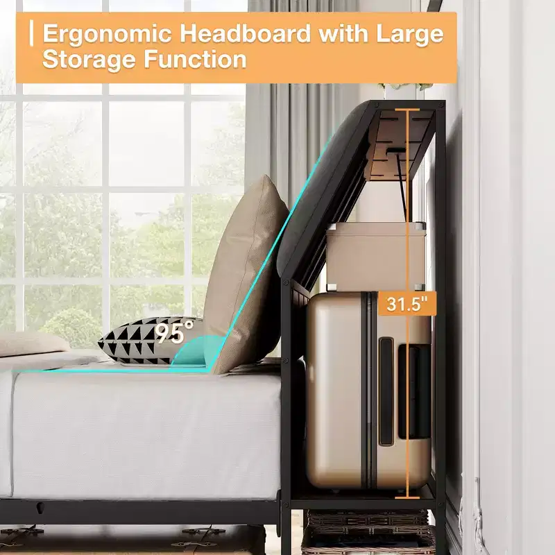 Full Size Platform Bed Frame with Ergonomic Upholstered Headboard, Metal Platform, Noise-Free, No Box Spring Required