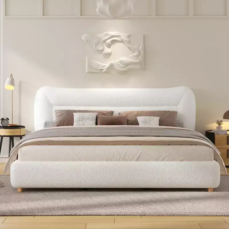 Gray Curved Upholstered Platform Bed Frame, Queen/King, for 1-2 Adults