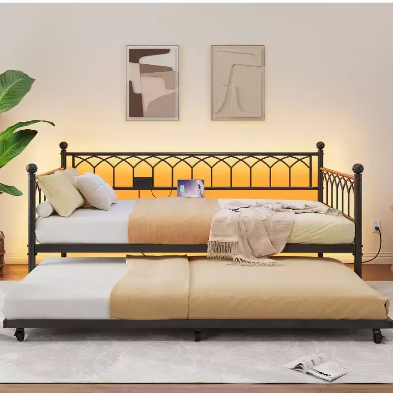 COZONY Twin Daybed with Trundle  Metal Sofa Bed Frame with Charging Station, LED Lights & Pull-Out Design for Bedroom, Living Room