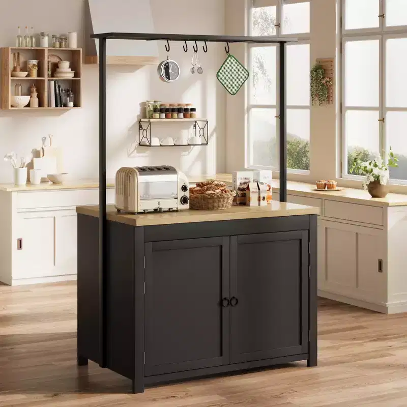 Coolmee Mobile Kitchen Island with Storage 42 - Heavy Duty Kitchen Cart with 2-Tier Shelves & 5 Hooks, Wood Countertop for Small Spaces