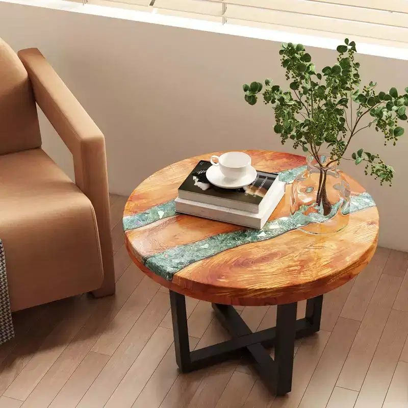24 Round Teak Wood End Table with Epoxy Resin Tabletop Mahogany Base for Patio
