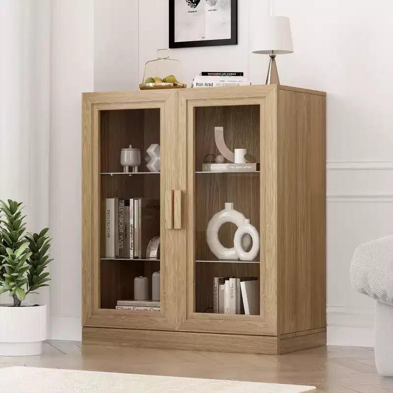 Black Wood Grain Storage Cabinet with Double Glass Doors, Decorative Storage Cabinet