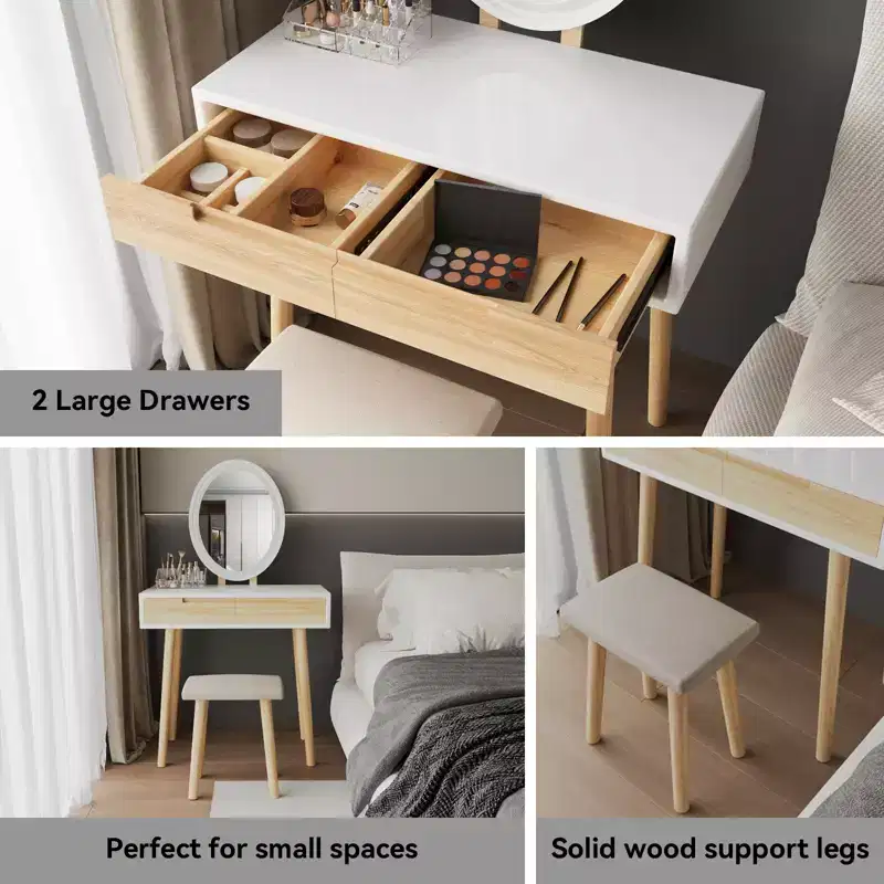 31.5 Natural Wood Makeup Vanity Desk Set
