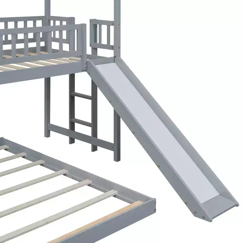 Whisen House Roof Design Twin over Full House Bunk Bed with Slide and Built-in Ladder
