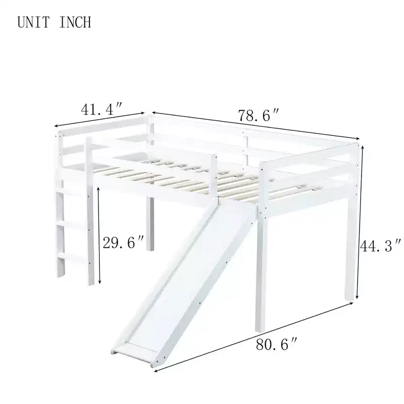 Twin Low Loft Bed with Slide, Ladder & Safety Guardrails, Solid Wood, White