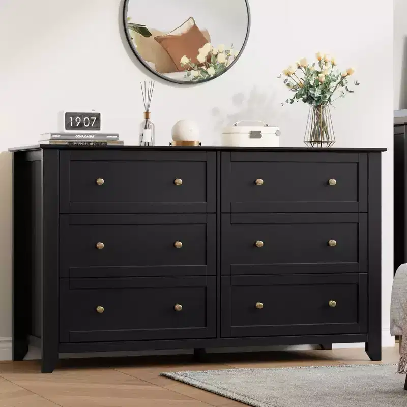6 Drawer Dresser for Bedroom, 54W Wooden Chest of Drawers with Metal Knobs, Clothes Storage Organizer, Dresser TV Stand for Entryway, Bedroom