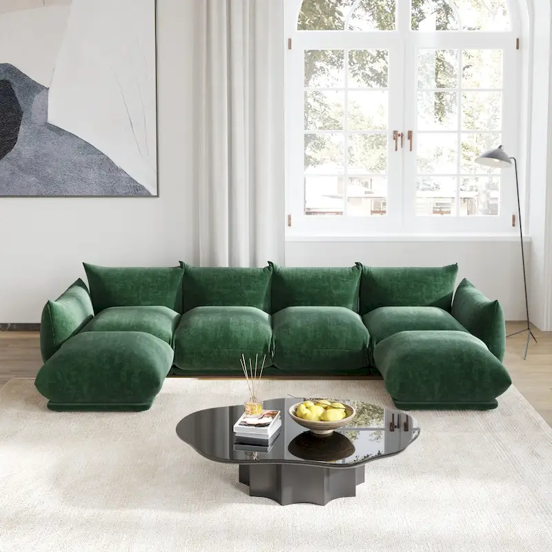 Chenille U-Shape Sectional Sofa – Green / Orange / Beige / Black, Modular 4-Seat