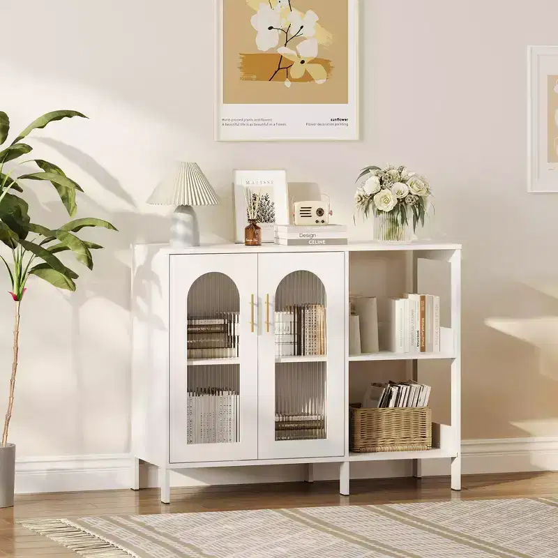 White 2-Pack Storage Cabinet with Ripple Glass Door & Open Shelves, 2-Tier