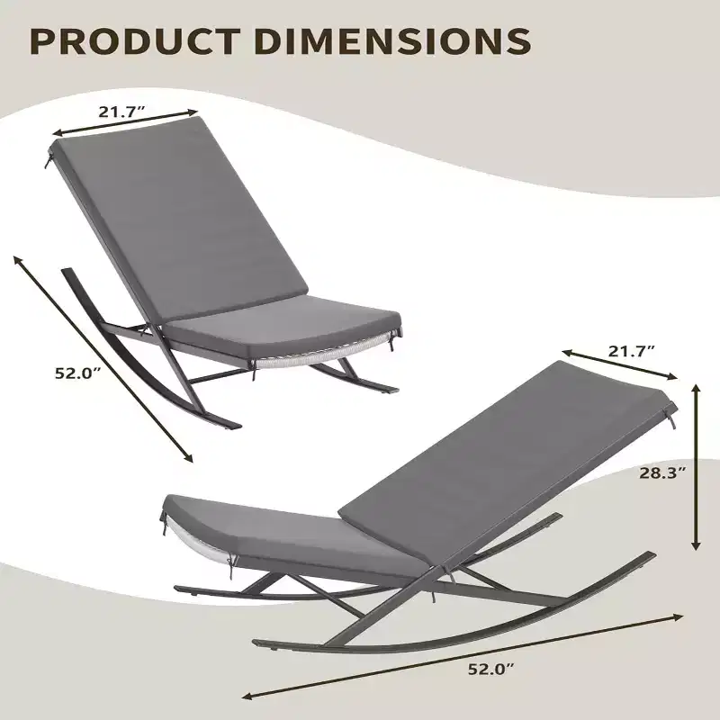 GustoWave Outdoor Rocking Lounge Chair Set of 2, Patio Lounge Chair with Removable Cushions, Perfect for Nap Relaxation, Gray