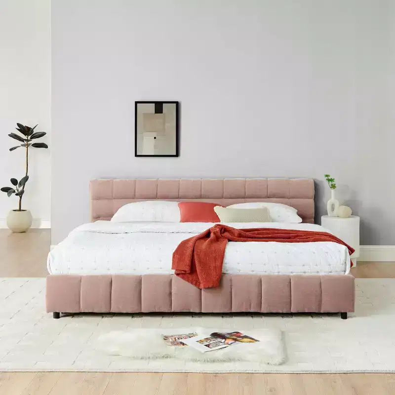 MAYEERTY King Size Upholstered Bed with Headboard Solid Bed Frame Drawer for Bedroom Pink
